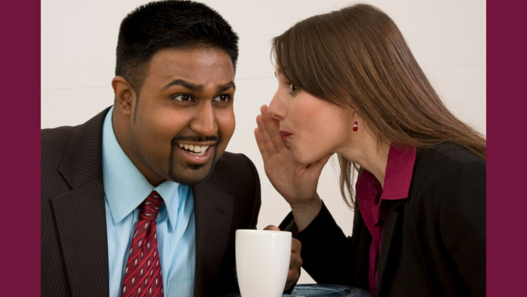 a woman whispers to a man showing exposition in dialogue