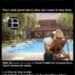 A woman sitting by a pool using the Badass Beat Boards Story Development and Outlining toolkit for screenwriters - Travel edition