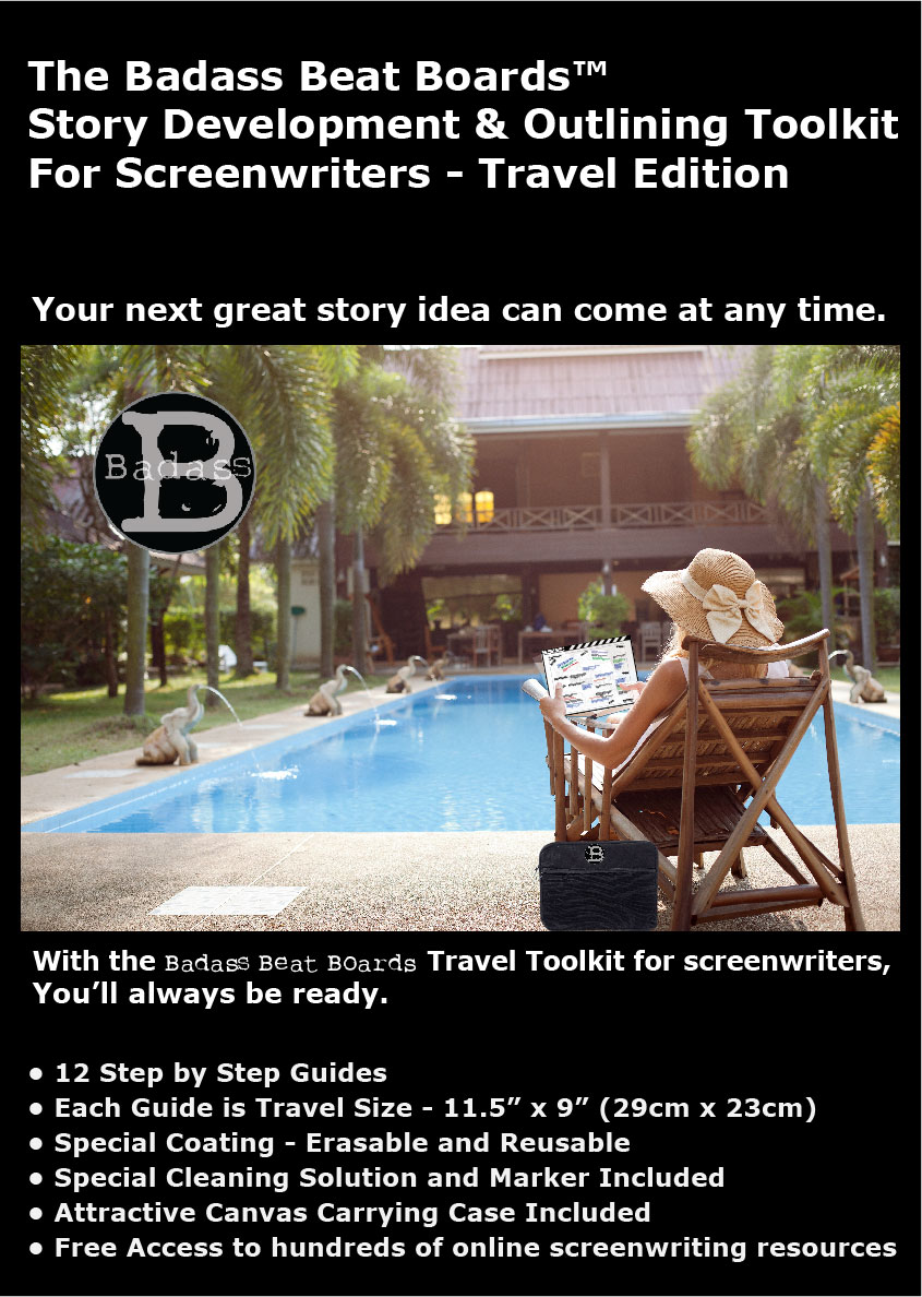 A woman sitting by a pool using the Badass Beat Boards Story Development and Outlining toolkit for screenwriters - Travel edition