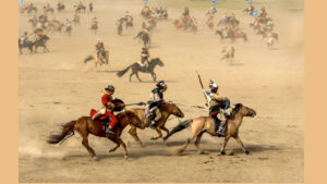 A wild west scene depicting a army on horseback preparing for war against the redcoats.