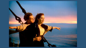 Rose and Jack at the prow of titanic at sunset
