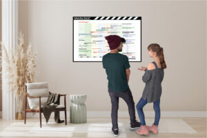 A young couple views the 9 act plot developer guide which is mounted to a wall in a contemporary living room